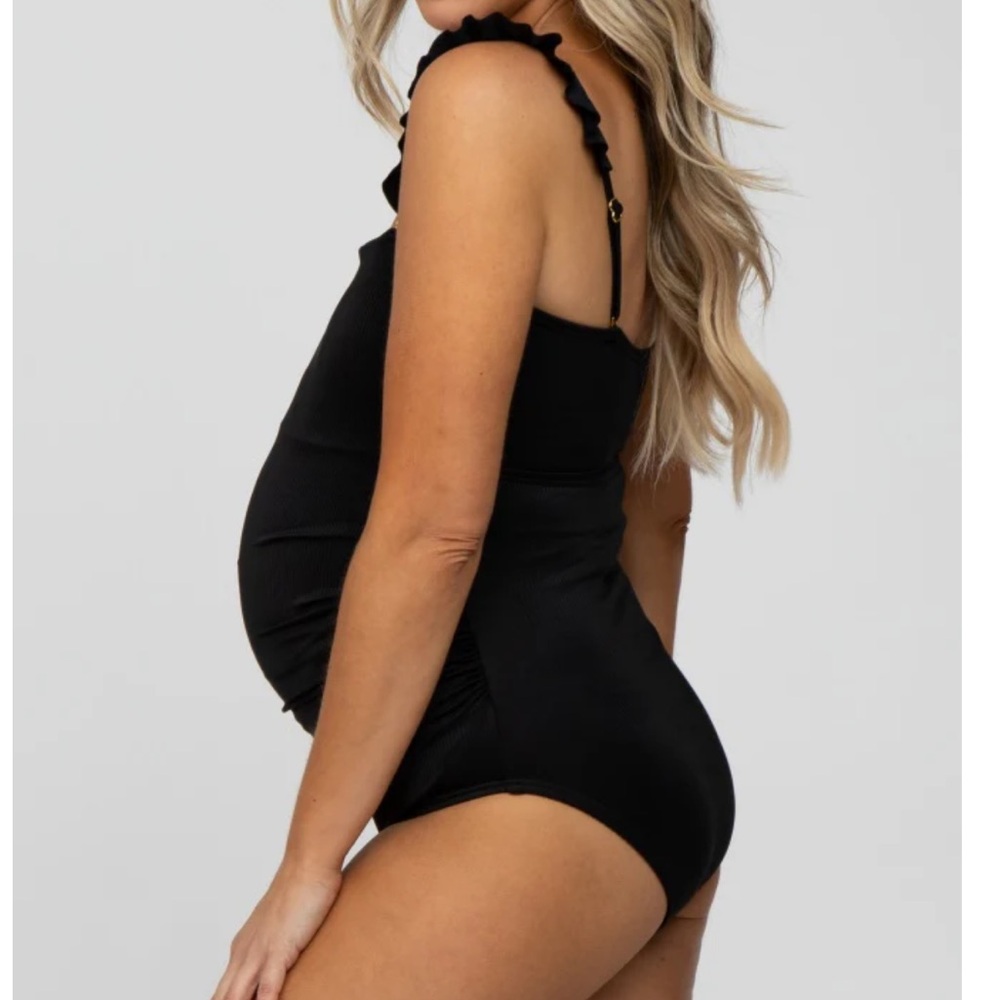 Pinkblush Black Ribbed Square Neck Ruffle Strap One Piece Maternity Swimsuit - Picture 2 of 6